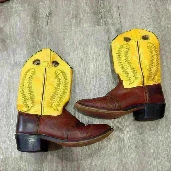 Old West Brown Yellow Leather Western Cowboy Boots Men’s Size 5.5 - Picture 1 of 8